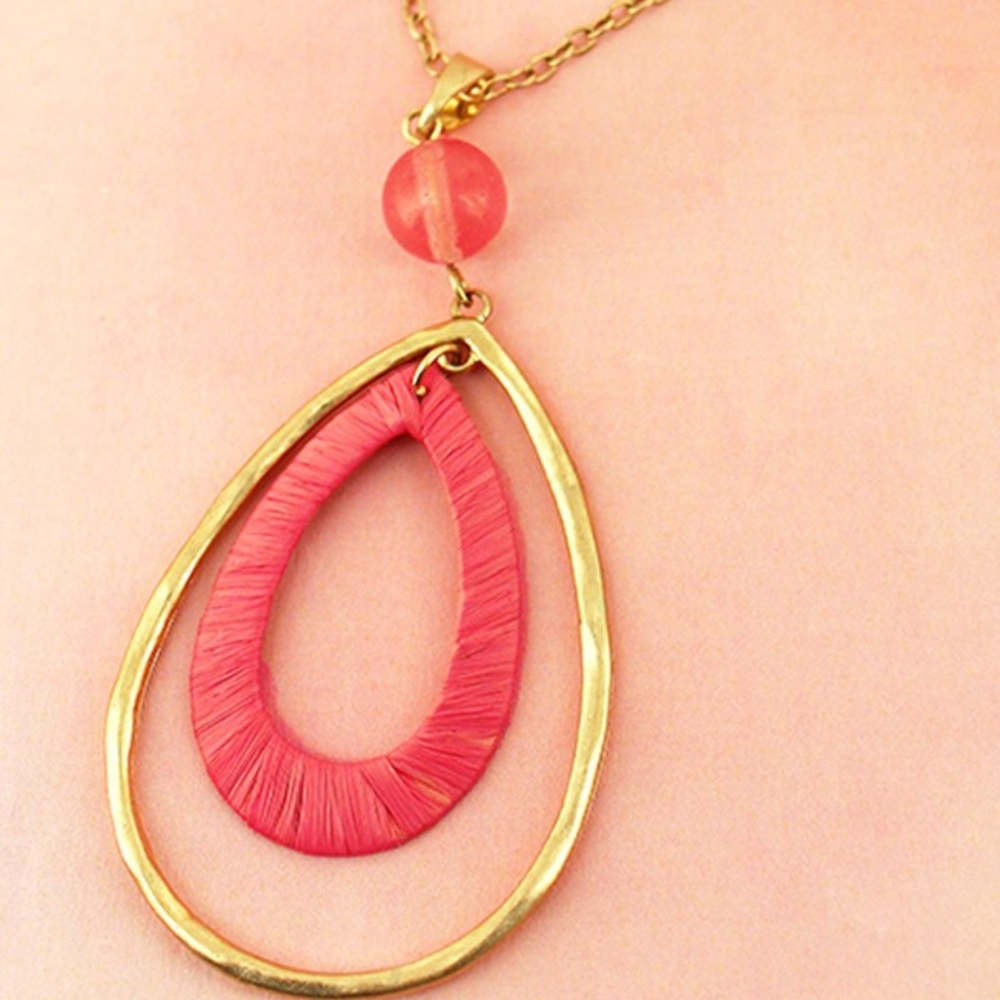 2/$15-GOLDTONE RAFFIA DOUBLE TEARDROP NECKLACE